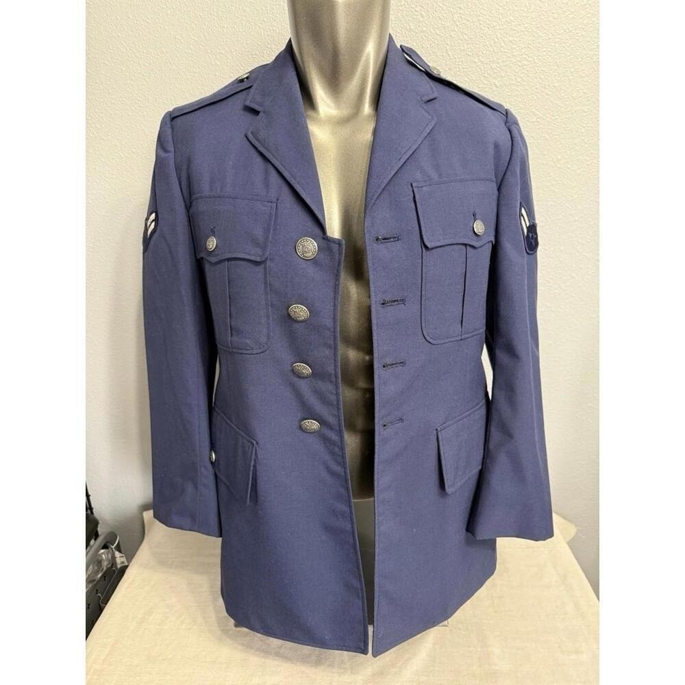 US Air Force Mens Blue Dress Service Coat Uniform Tunic Airman Rank Patches 40R